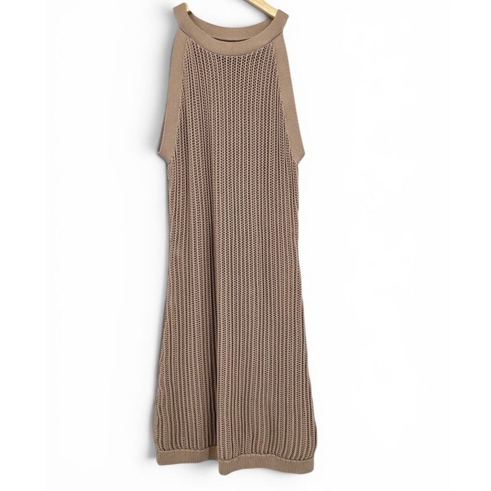 Quince Organic Cotton Open Knit Cover-up Dress Beige Halter Women's M